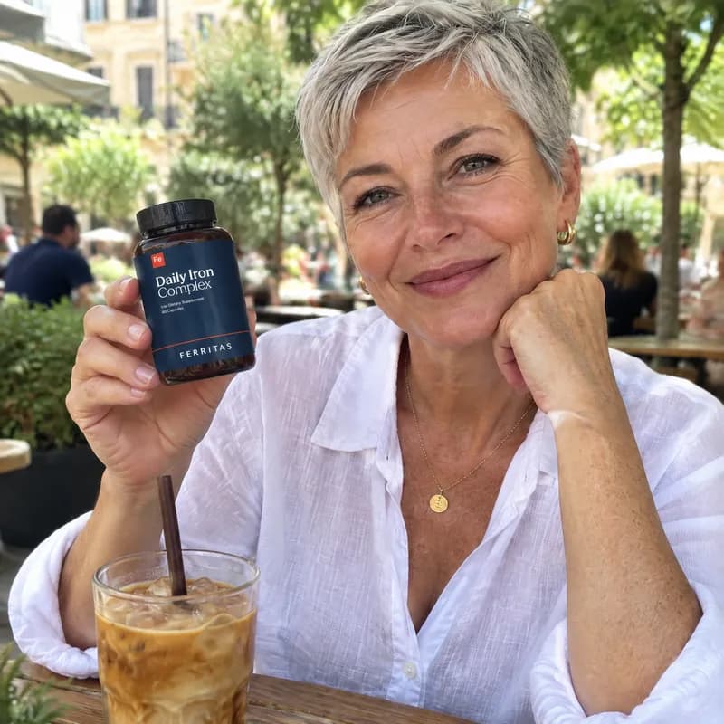 A smiling woman at an outdoor café holding up a bottle of Ferritas