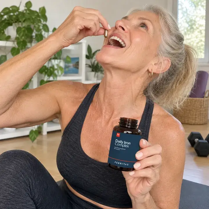 A woman in workout clothes taking a Ferritas capsule
