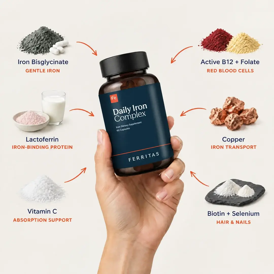 Key ingredients around the Ferritas bottle: iron bisglycinate (gentle iron), active B12 and folate (red blood cells), lactoferrin (iron-binding protein), copper (iron transport), vitamin C (absorption support), biotin and selenium (hair and nails).