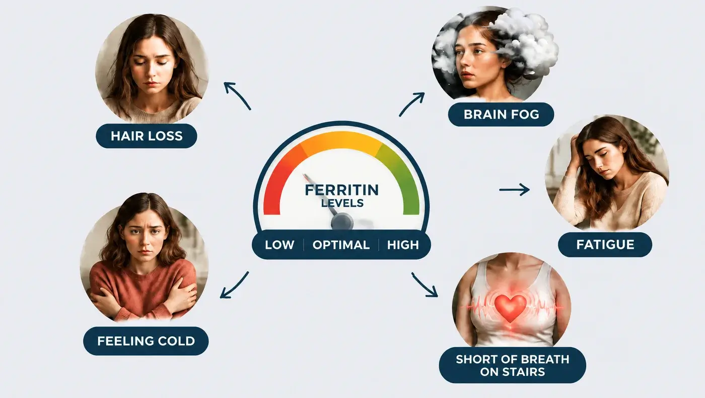 A ferritin gauge reading low, with arrows to five signs linked with low iron stores: hair loss, brain fog, fatigue, feeling cold and shortness of breath on stairs.