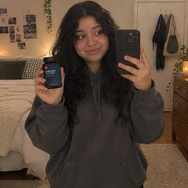 A young woman in a hoodie taking a mirror selfie while holding a bottle of Ferritas