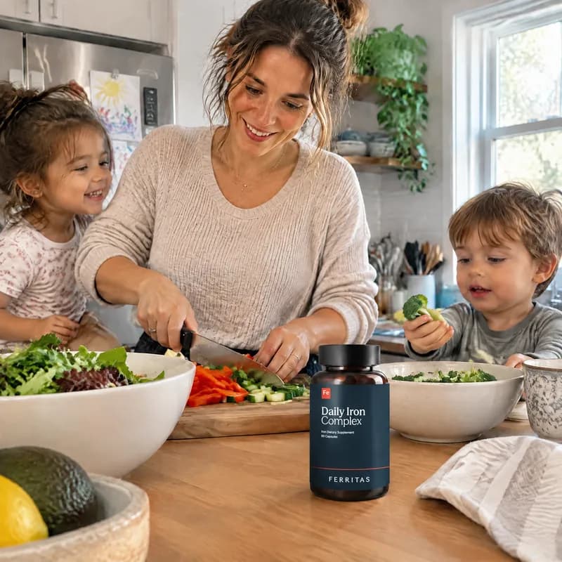 A mother preparing a salad with her two young children, a Ferritas bottle on the table