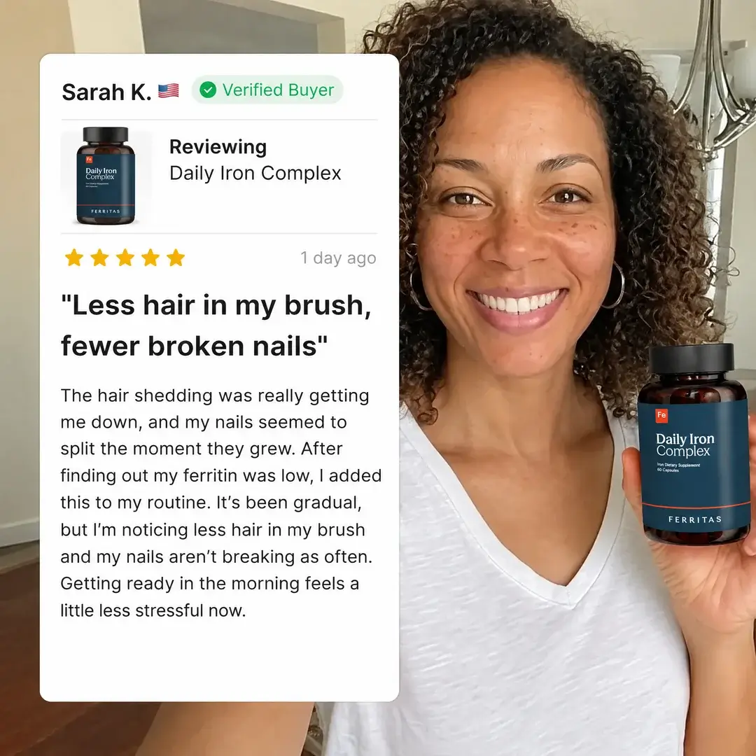 Five-star review from Sarah K., verified buyer: less hair in my brush, fewer broken nails. She smiles holding a Ferritas bottle.